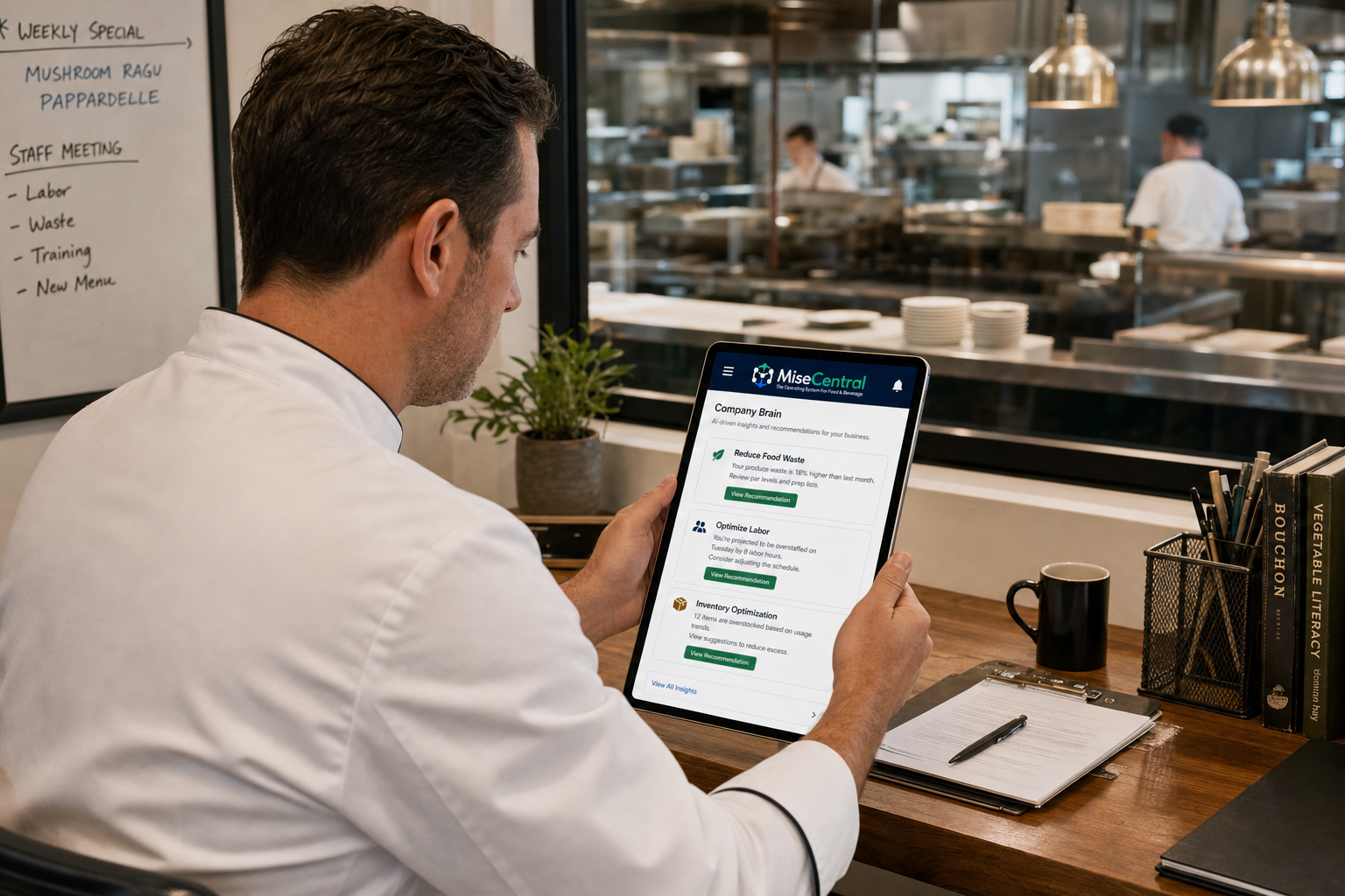 Kitchen manager reviewing MiseCentral Company Brain recommendations on a tablet