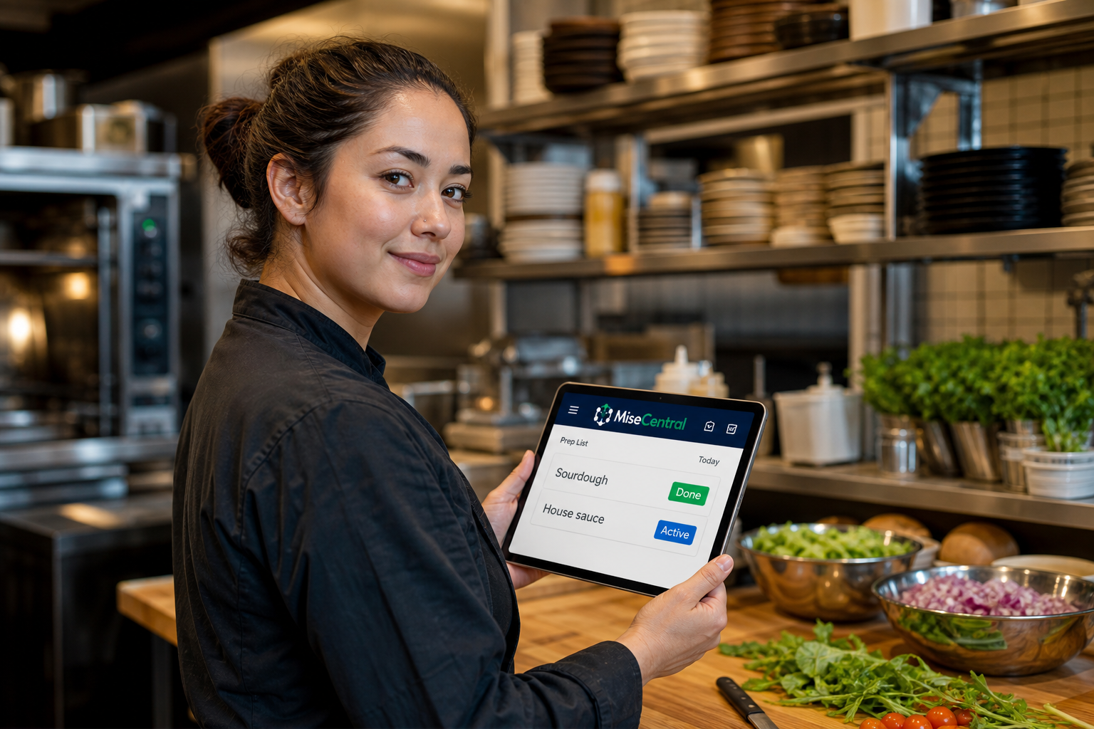 Kitchen operator using MiseCentral prep list on a tablet