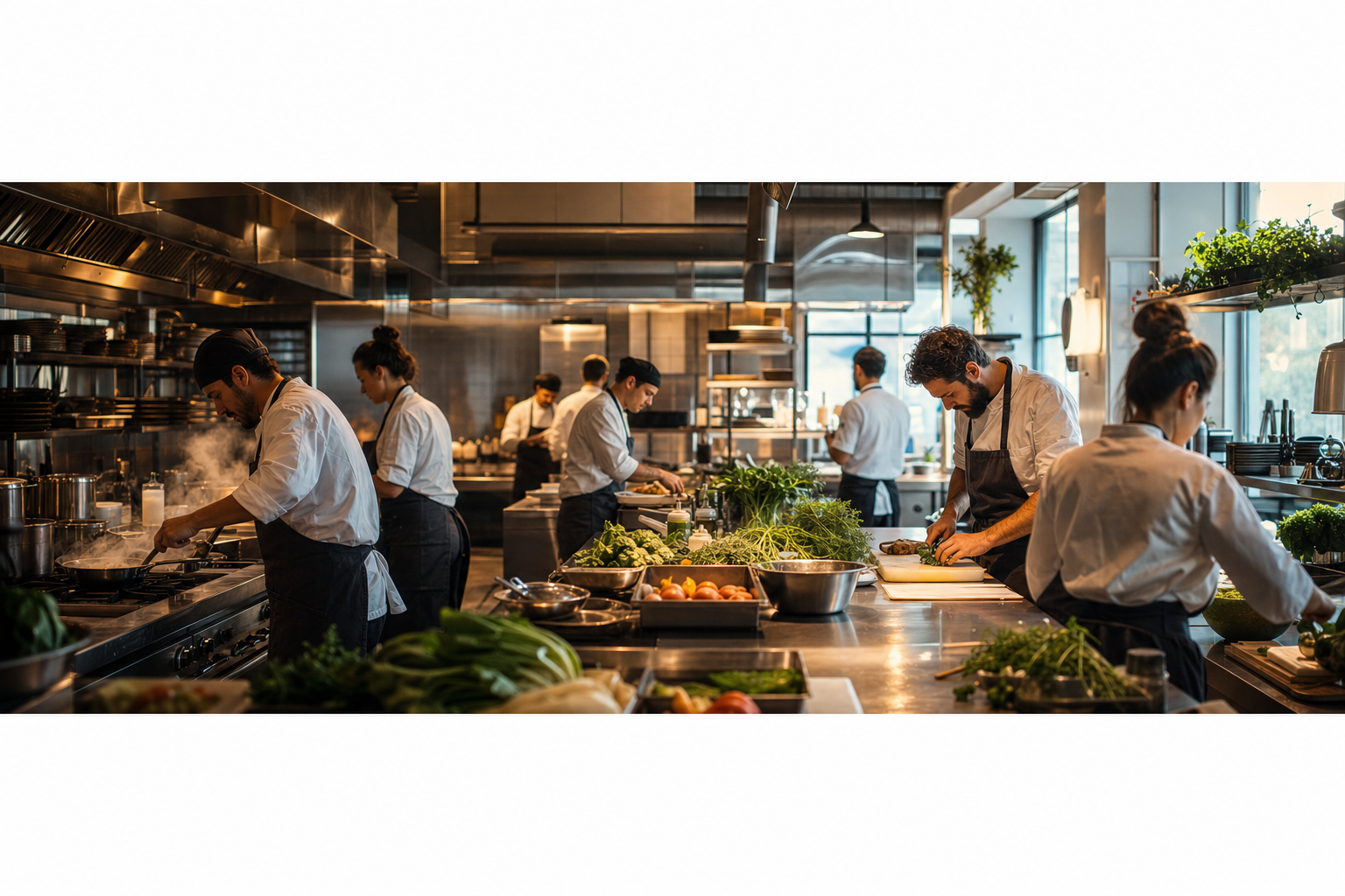 Professional kitchen team preparing for service together