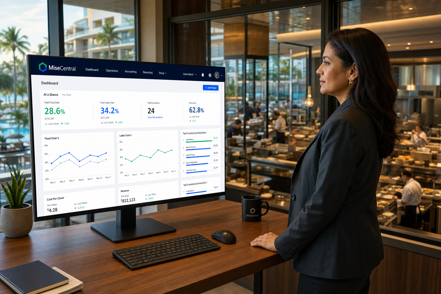Hospitality operations leader reviewing MiseCentral multi-location dashboard overlooking kitchen and resort