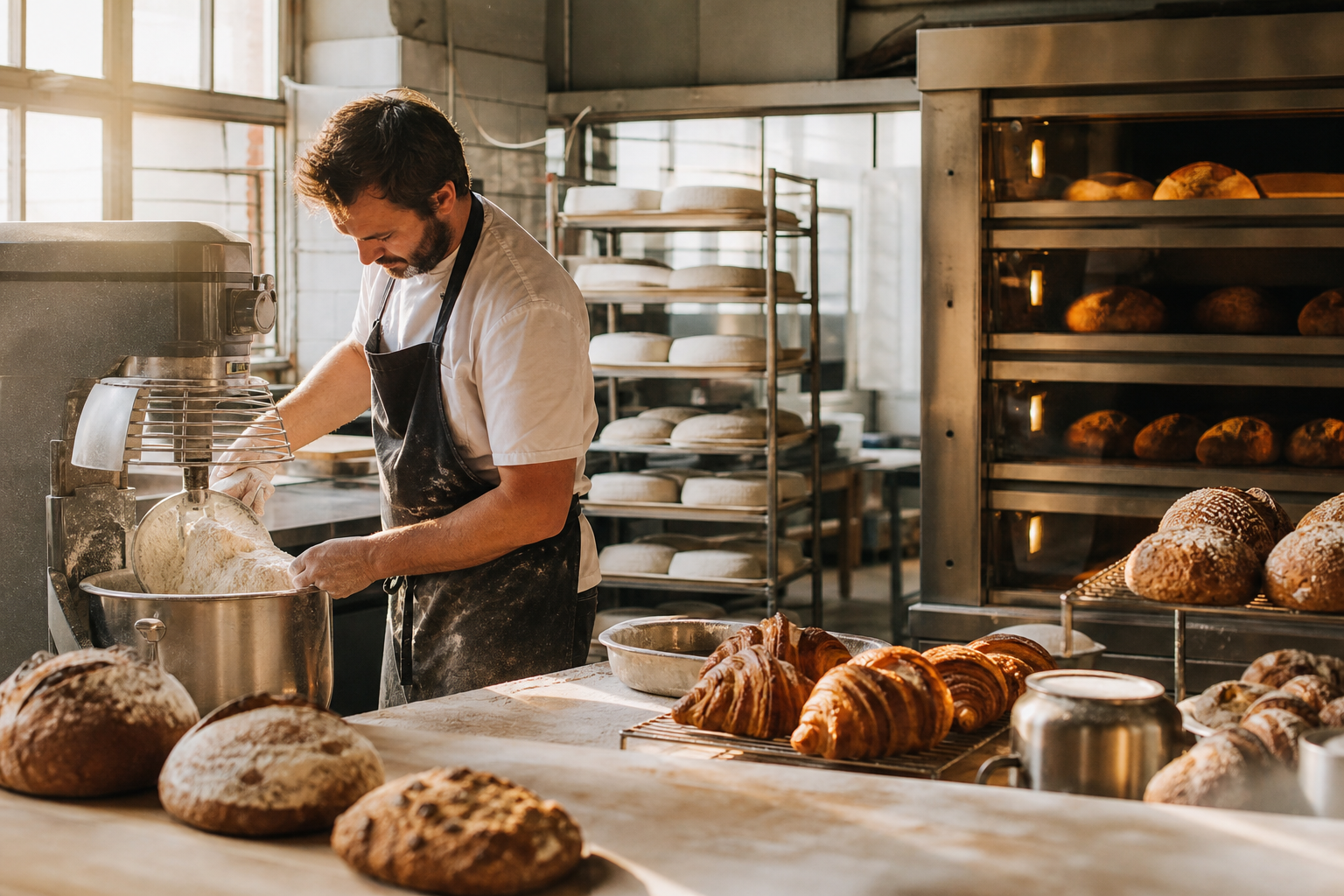 Bakers shaping dough and loading trays into ovens during early-morning production in a neighborhood bakery