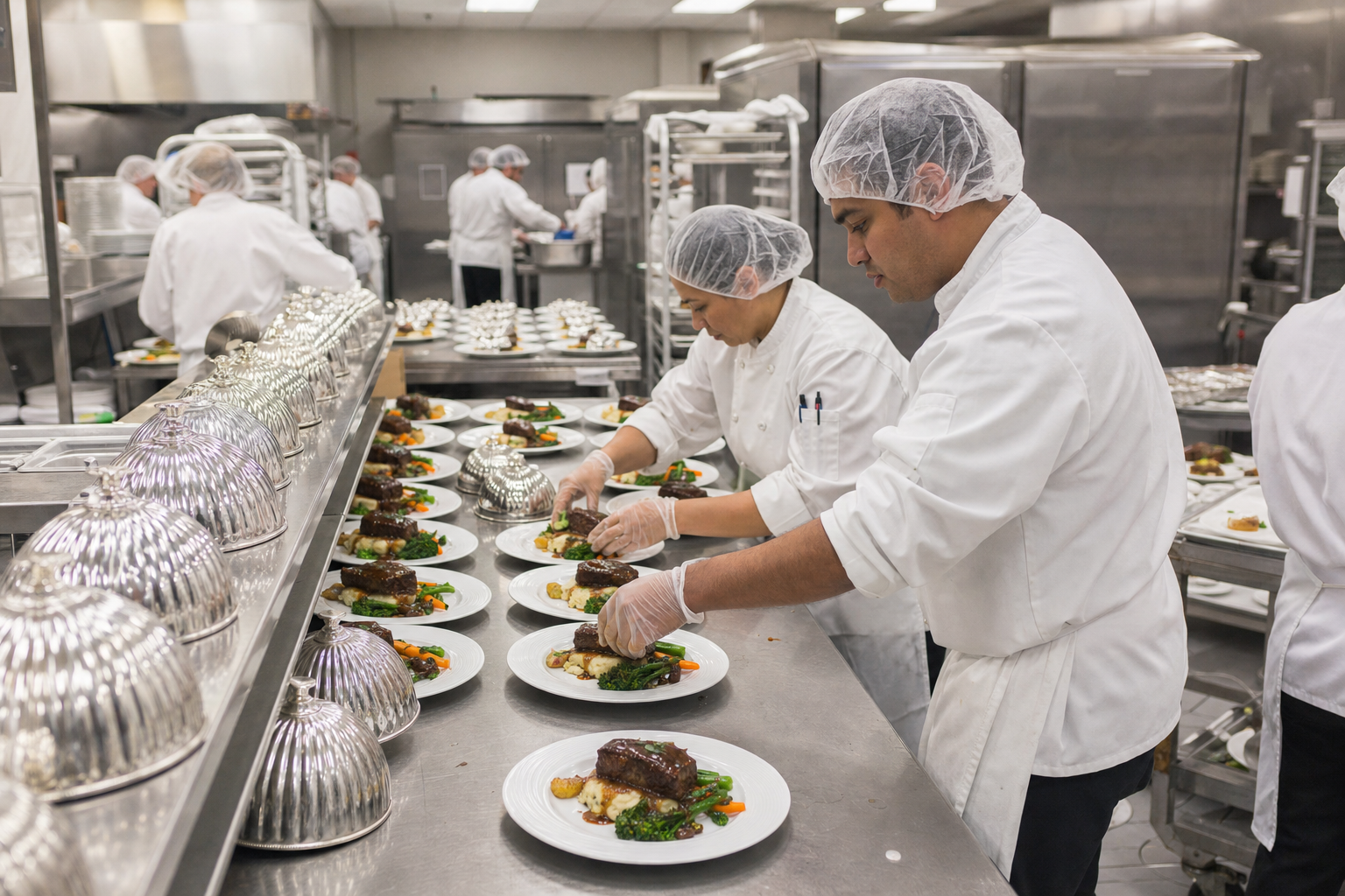Banquet kitchen brigade in chef whites, hairnets, and gloves finishing plated ballroom service