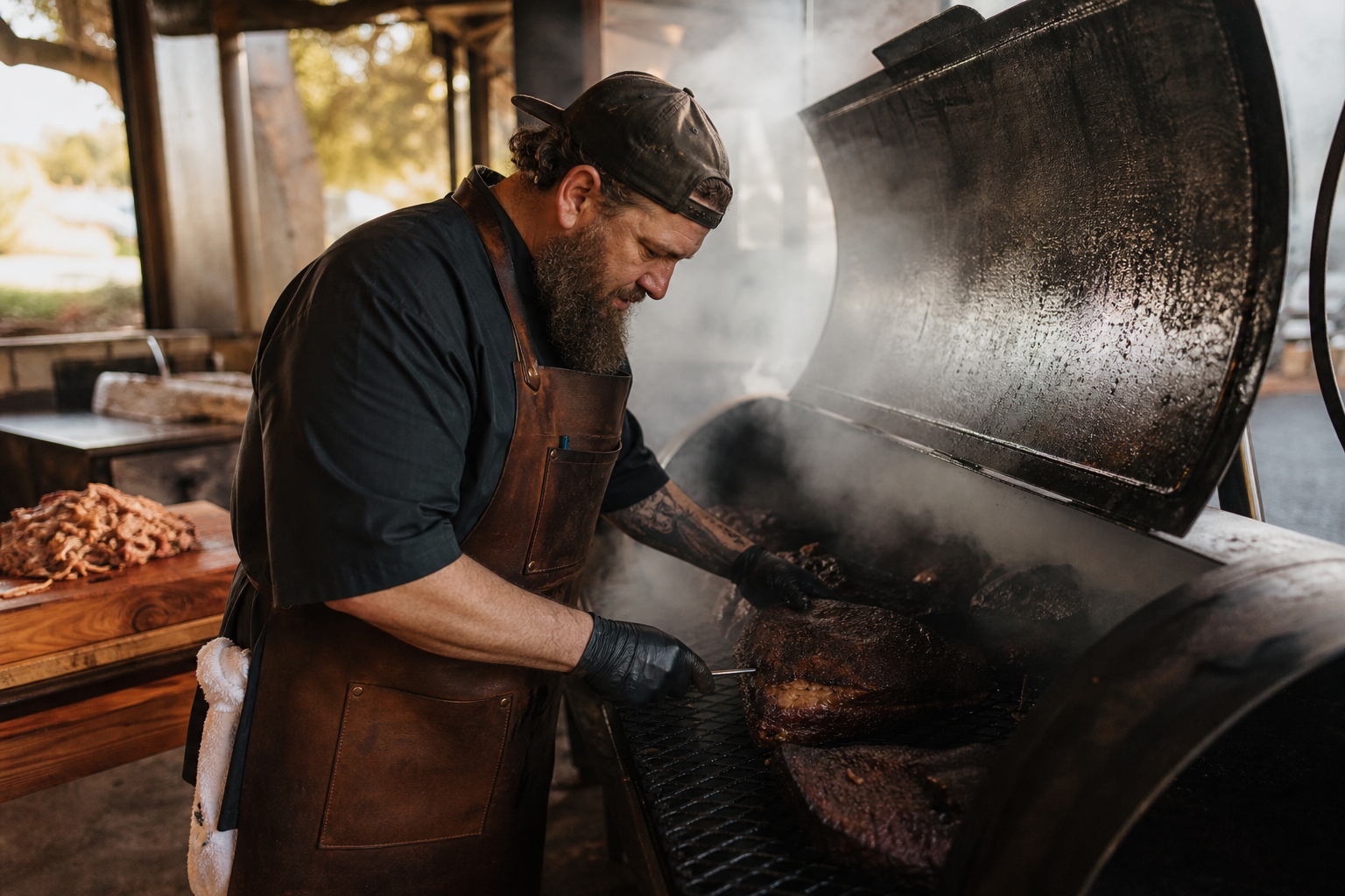 Pitmaster checking brisket on offset smokers with smoke rolling in a commercial smokehouse during overnight cook