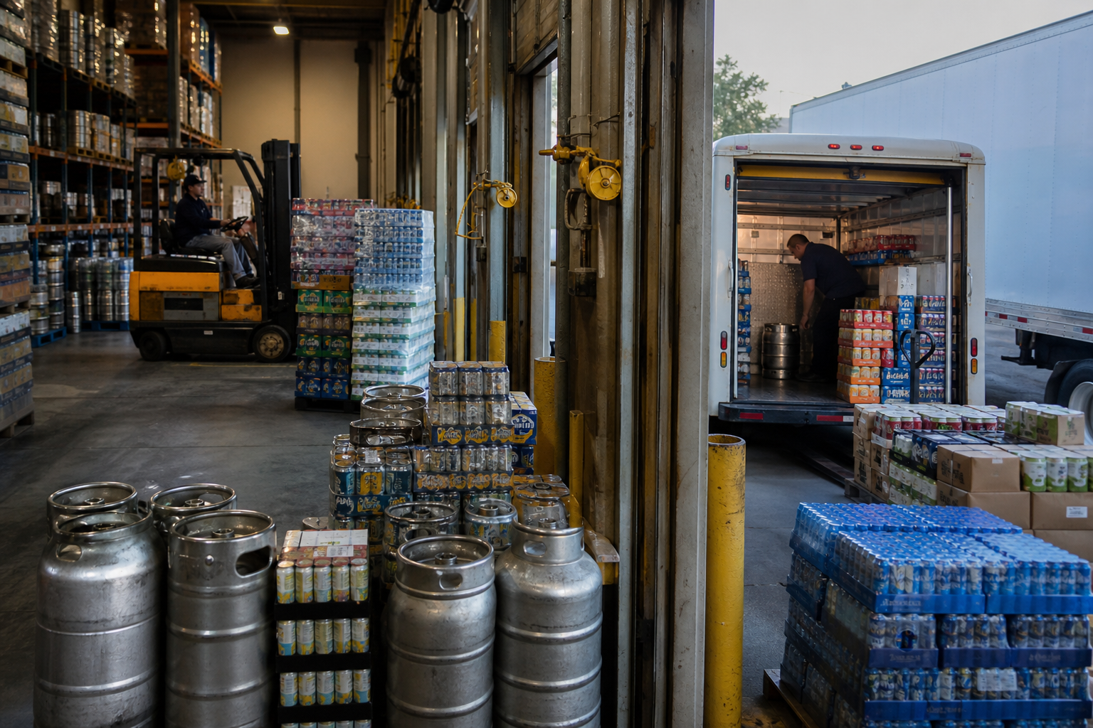 Beverage distribution warehouse with refrigerated keg and case staging, route sequencing, and cold chain handoff at the dock