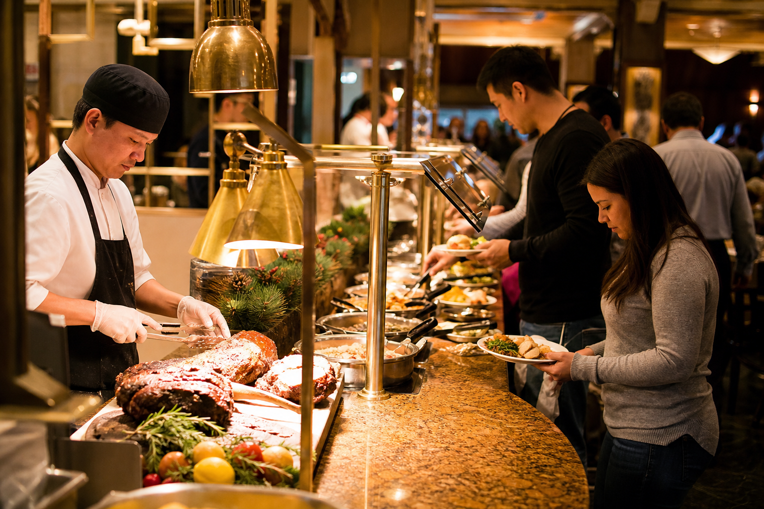 Chef replenishing pans on a large buffet line with carving station and guests serving themselves