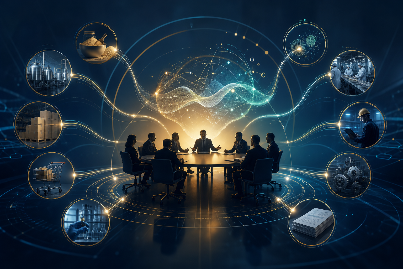 Conceptual illustration of operational signals from recipes, production, inventory, purchasing, quality, traceability, labor, maintenance, and evidence flowing into executive Business Review and continuous improvement. Illustrative only.