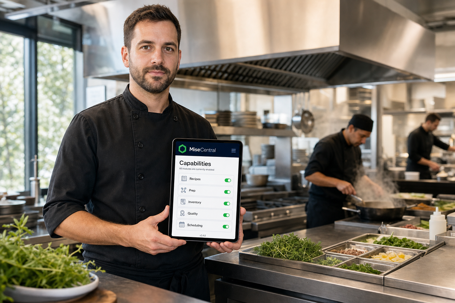 Kitchen manager reviewing enabled MiseCentral capabilities on a tablet during pre-service