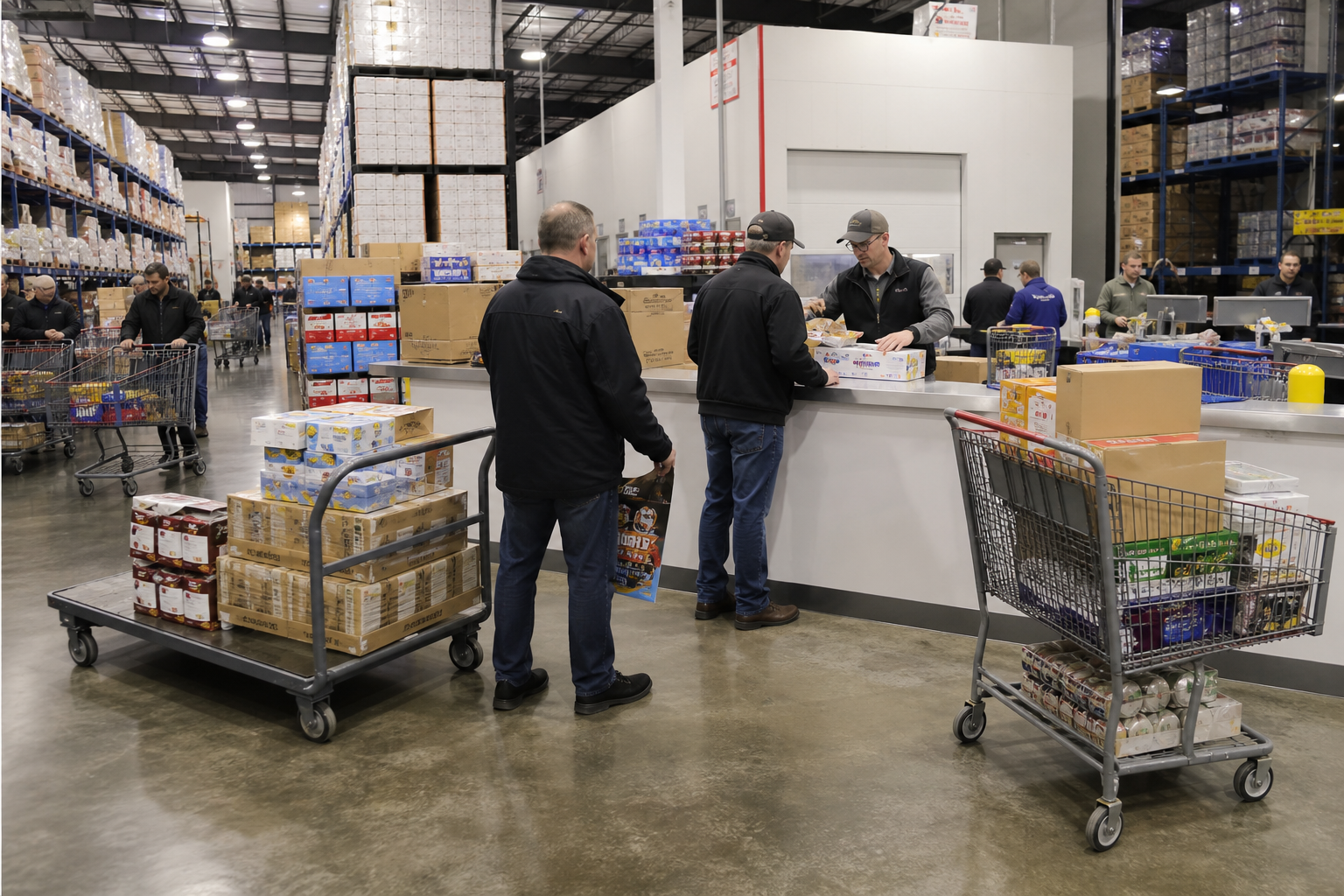 Cash and carry wholesale warehouse with will-call staging lanes, counter fulfillment, bulk case pick, and membership account pricing at the wholesale dock