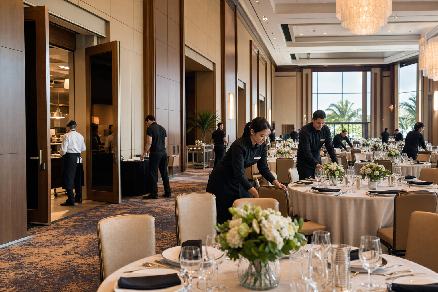 Casino resort convention banquet setup with hospitality staff preparing tables in natural daylight