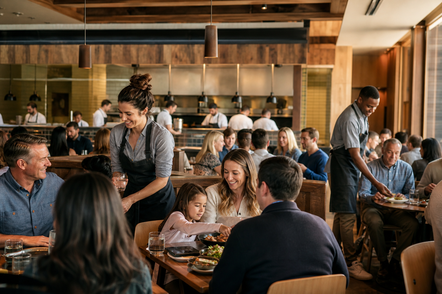 Servers interacting with guests in a busy casual dining restaurant with open kitchen and natural warm lighting