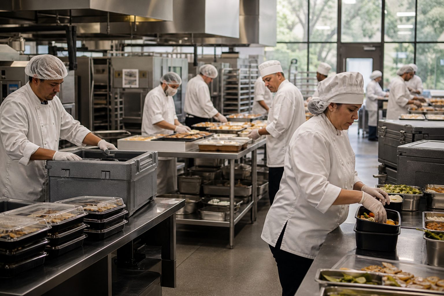 Catering commissary production with staff in hairnets and gloves preparing event orders