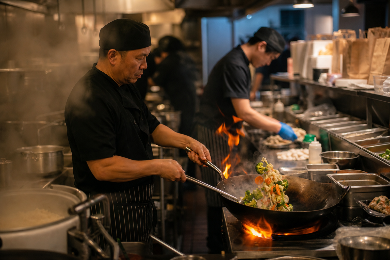 Wok chef tossing vegetables over open flame in a Chinese restaurant kitchen with rice cookers, sauce prep, and takeout counter visible