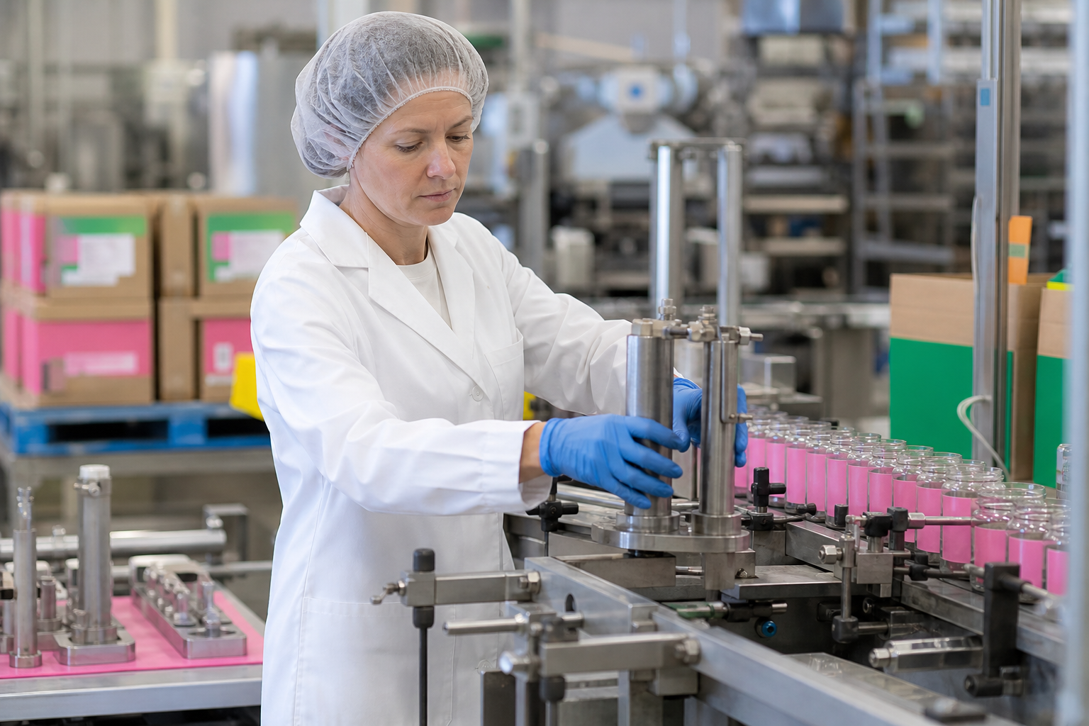 Co-packing facility with QA staff verifying customer-branded packaging and production documentation on segregated contract manufacturing line