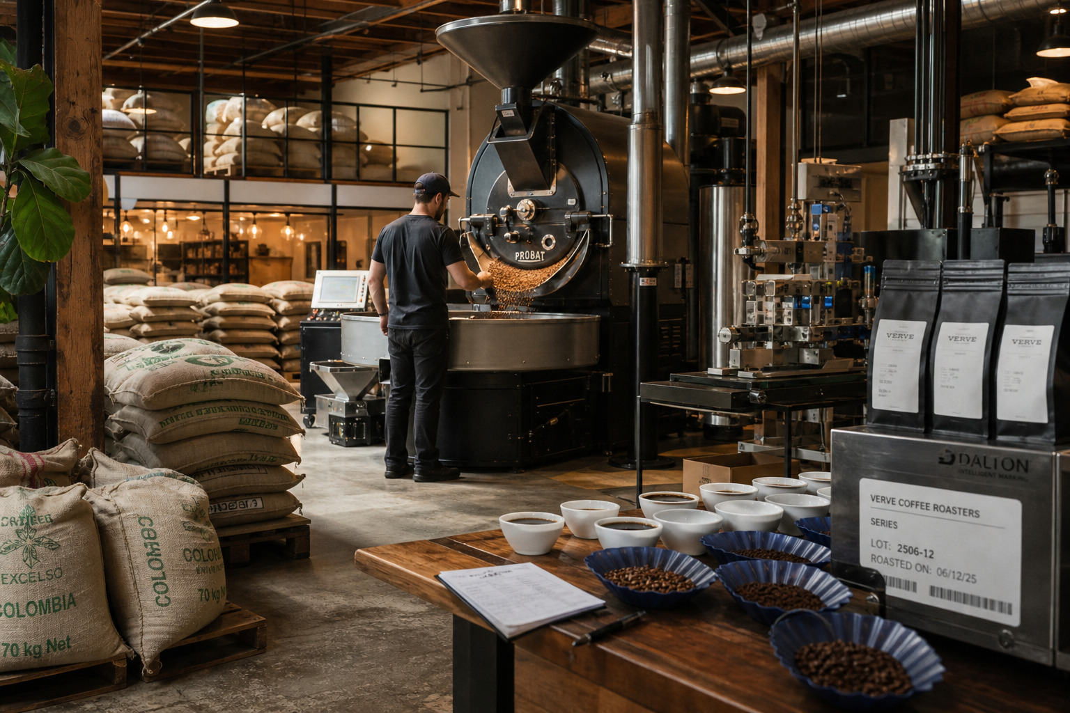 Coffee roasting production facility with green coffee lots, drum roaster operation, cupping QC, and bag packaging with lot coding under food safety controls