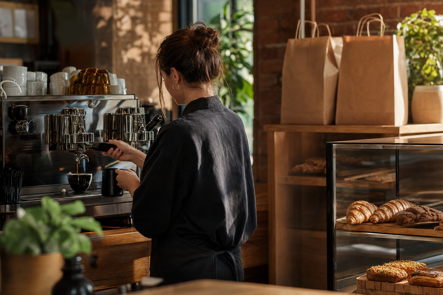 Coffee shop baristas at espresso bar and pastry case during morning rush service