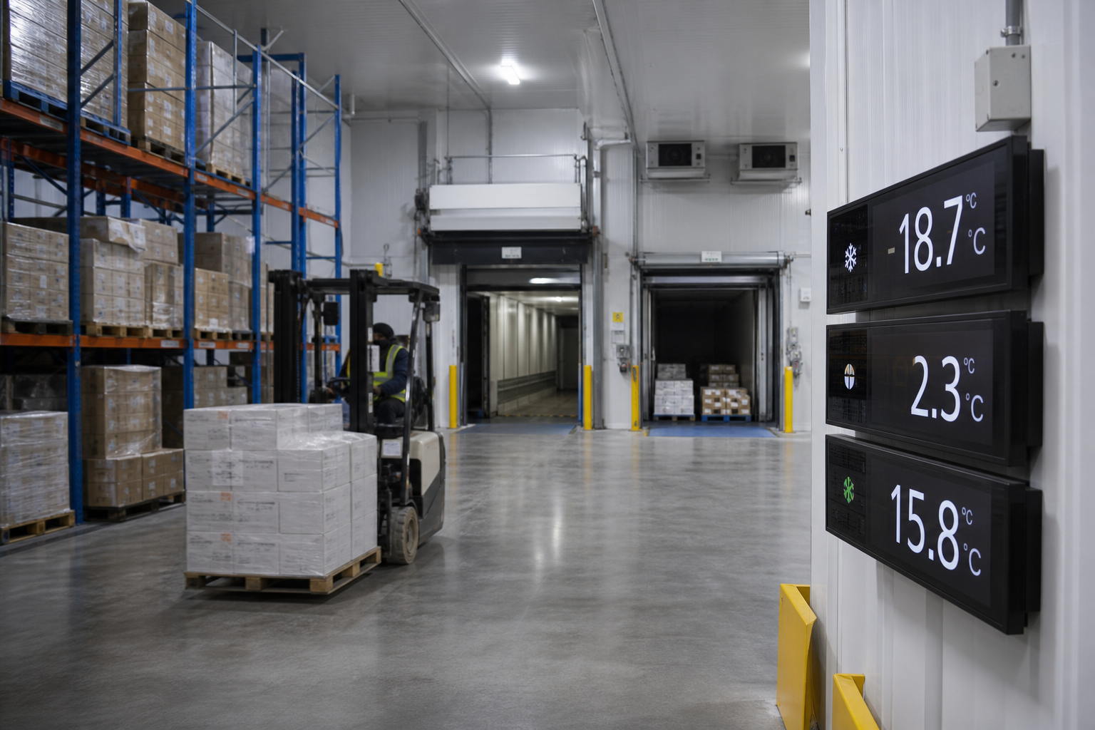 Cold storage warehouse with multi-zone frozen and cooler racking, dock scheduling board, temperature monitoring, and FEFO put-away operations