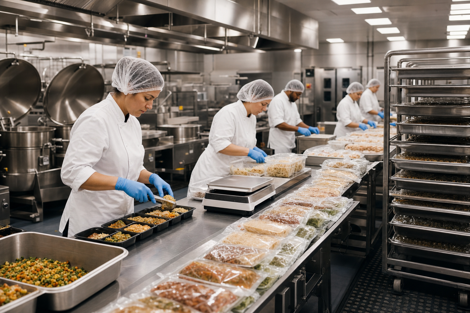 Commissary batch production line with workers in hairnets and gloves portioning labeled trays beside industrial kettles and staging racks