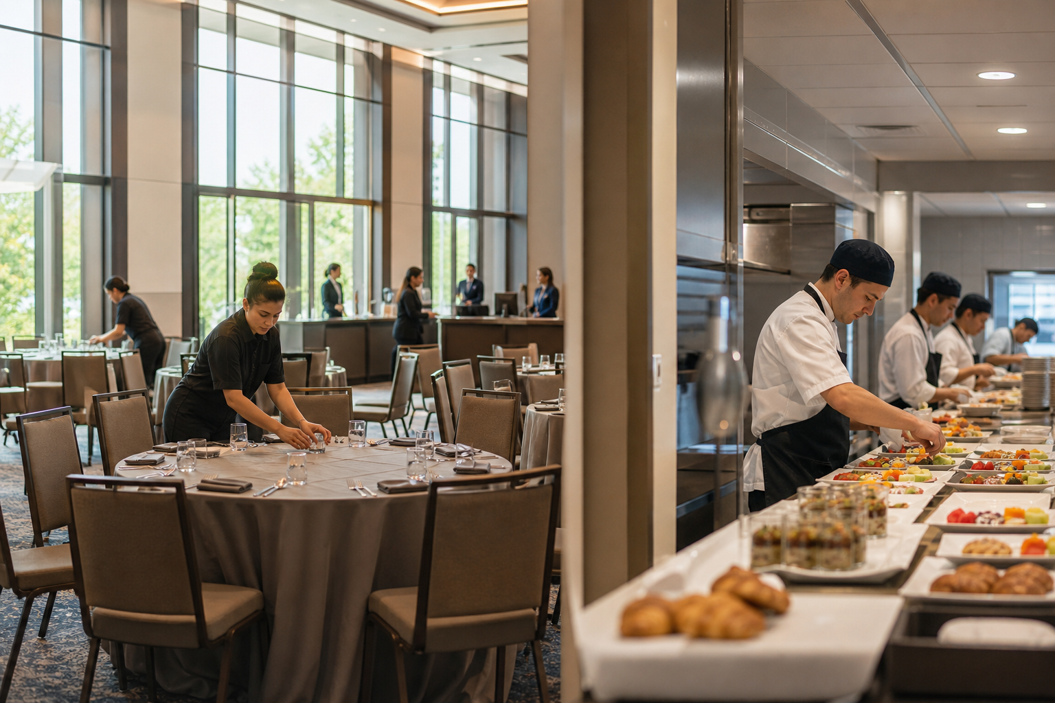 Conference center ballroom setup with hospitality staff preparing tables and registration area in natural daylight