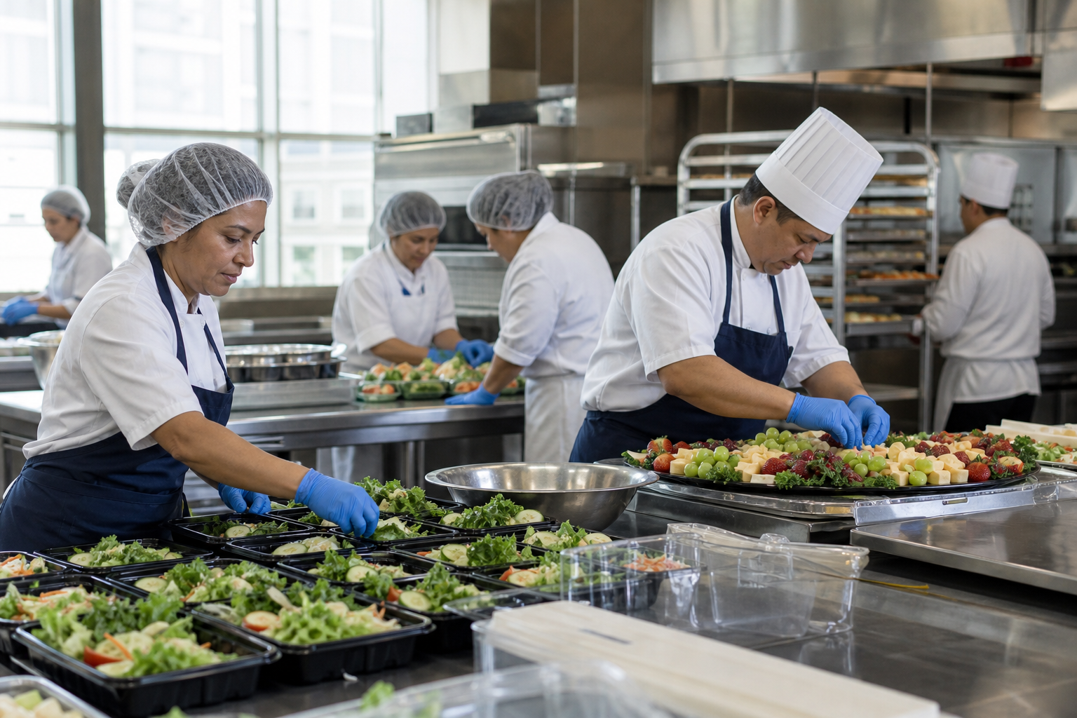 Contract food service kitchen staff preparing campus dining batches