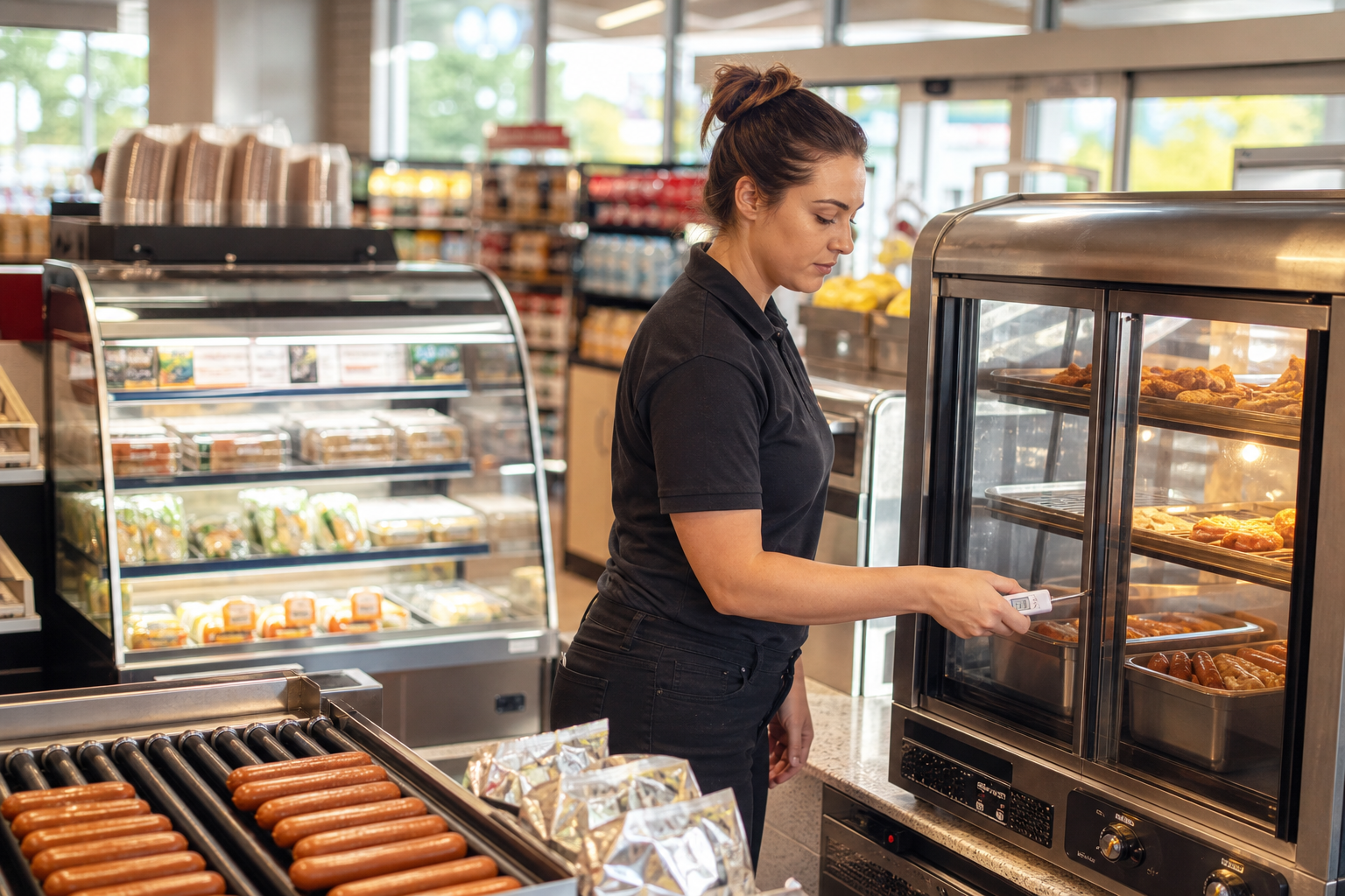 Convenience store food program with roller grill and grab-and-go refrigerated cases