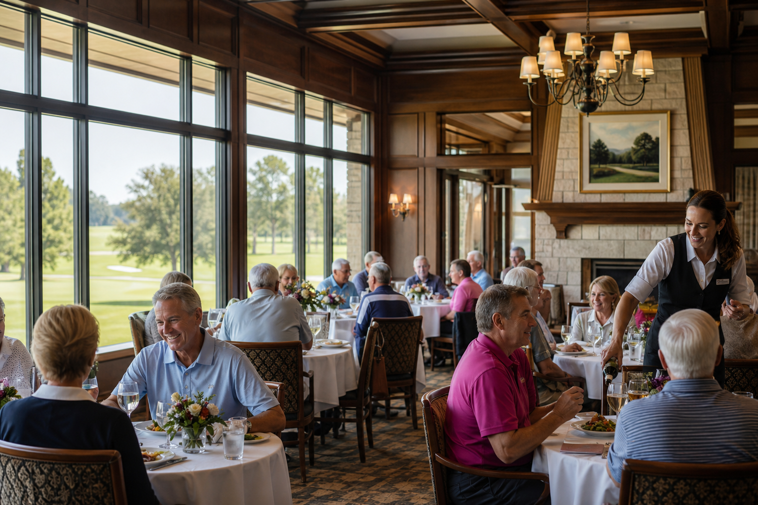 Elegant country club dining room with members at lunch and golf course visible through tall windows in natural light