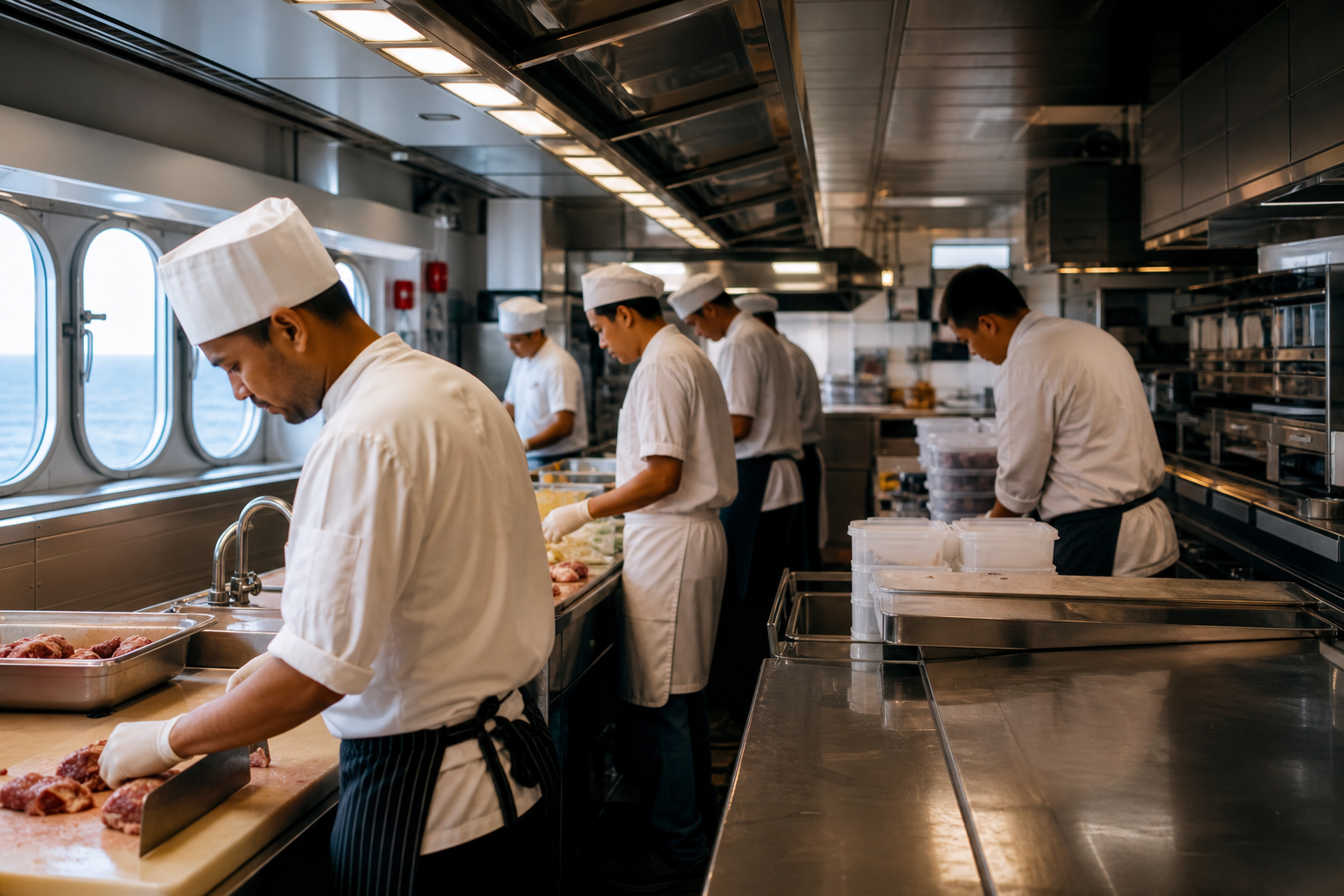 Cruise ship galley crew provisioning multiple dining venues before embarkation in natural light