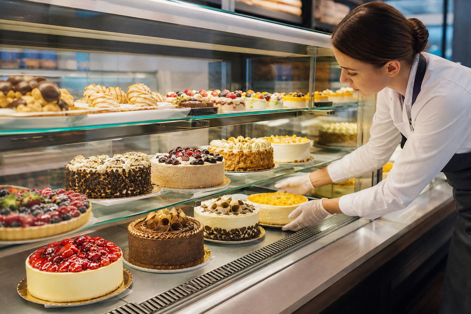 Dessert and pastry retail case merchandising adjacent to in-store bread bakery