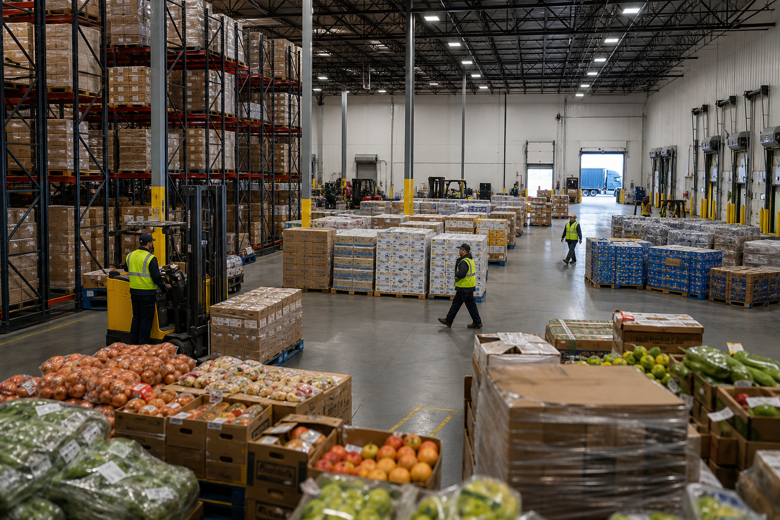 Food distribution warehouse with dock receiving, cold storage aisles, pick lanes, and staging for outbound delivery trucks