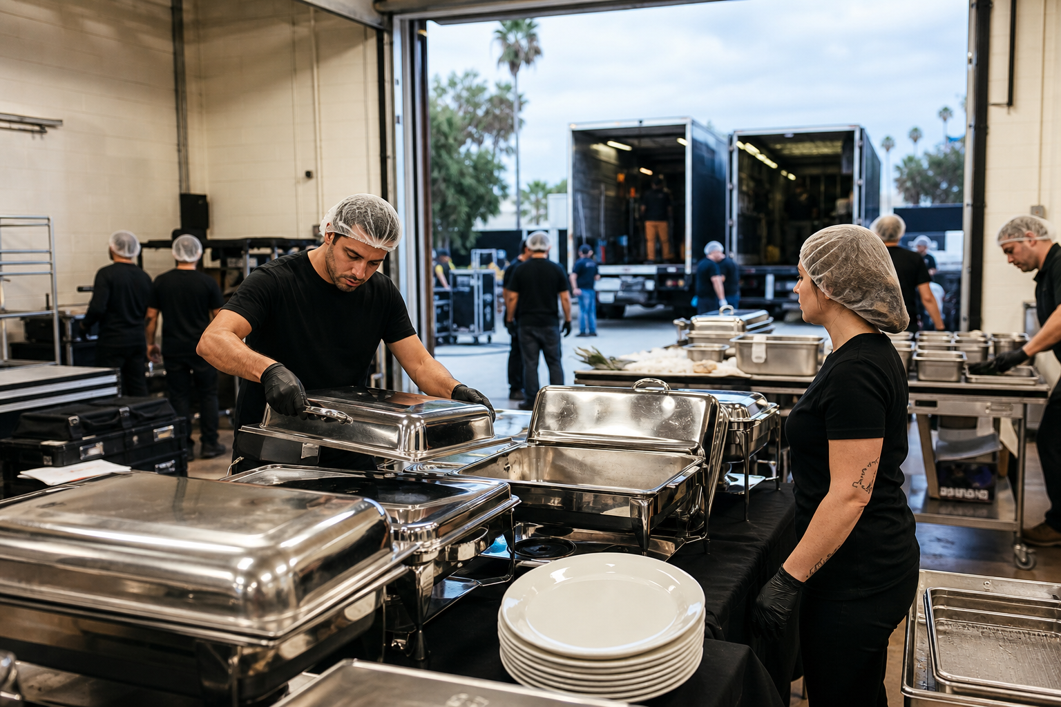 Event production crew in gloves and hairnets loading kitchen equipment and catering supplies for a corporate event