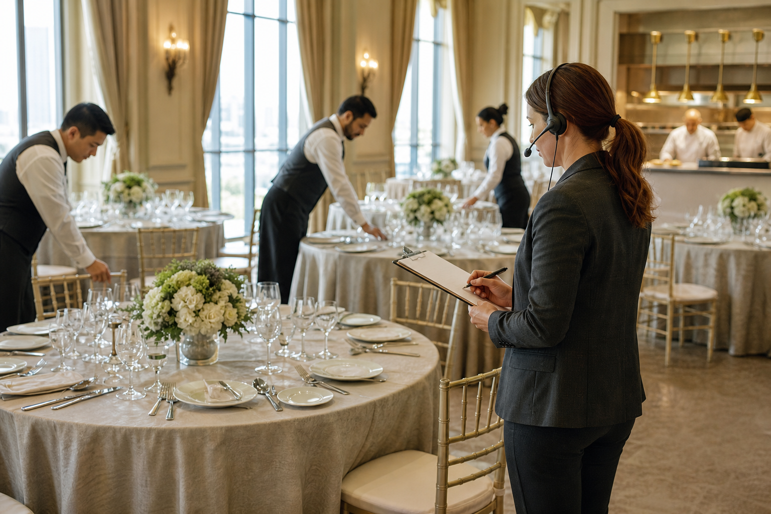 Event venue ballroom with banquet staff setting tables and coordinating vendor setup before guest arrival