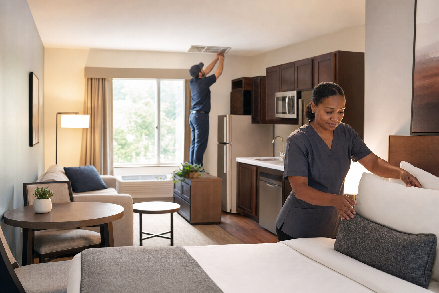 Extended stay suite with kitchenette and housekeeping operations in natural light