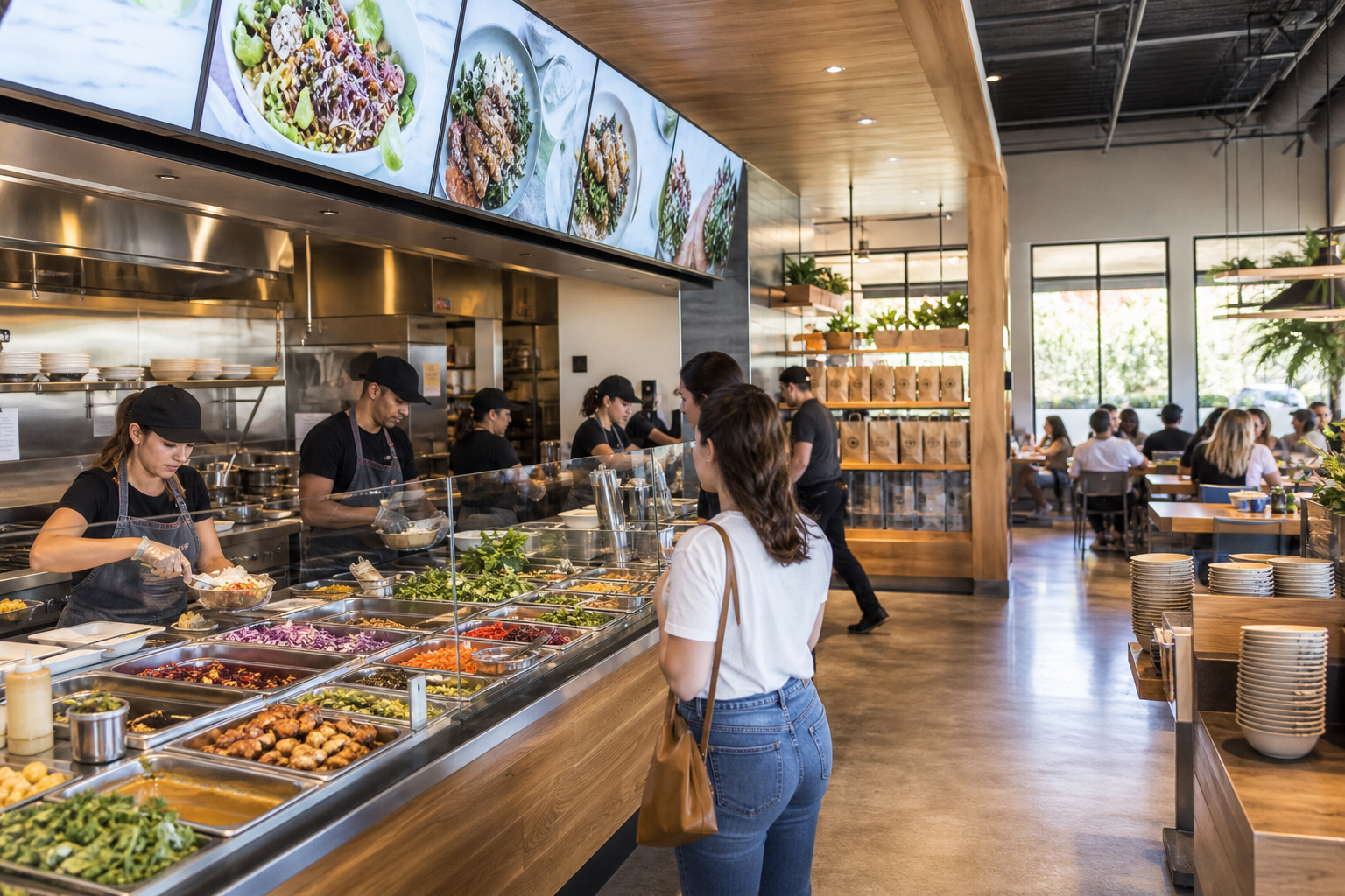 Fast casual restaurant crew at an open kitchen ingredient line with mobile pickup shelves during lunch service