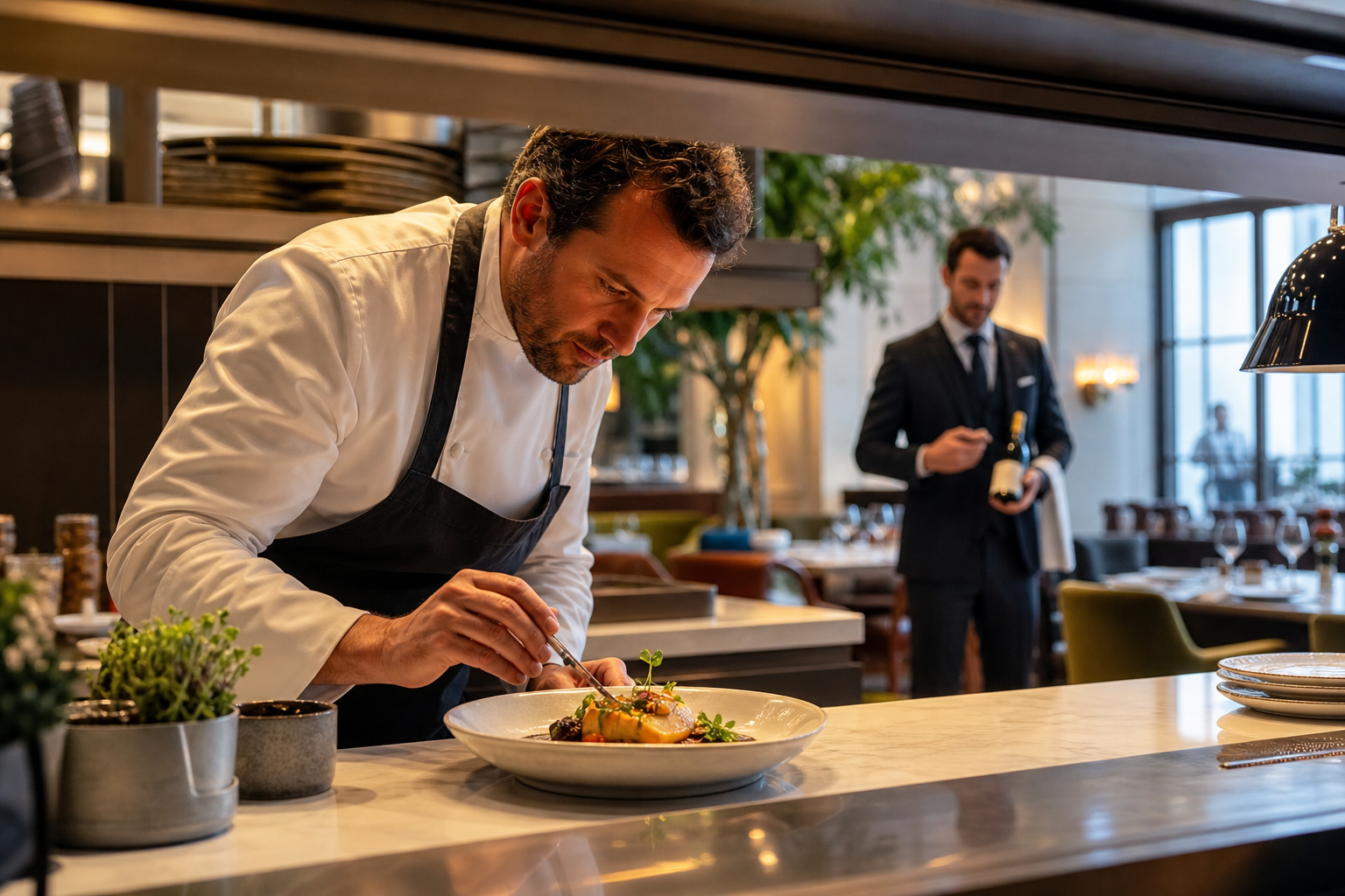 Chef plating an elegant dish at the pass in a luxury fine dining restaurant with sommelier and dining room visible