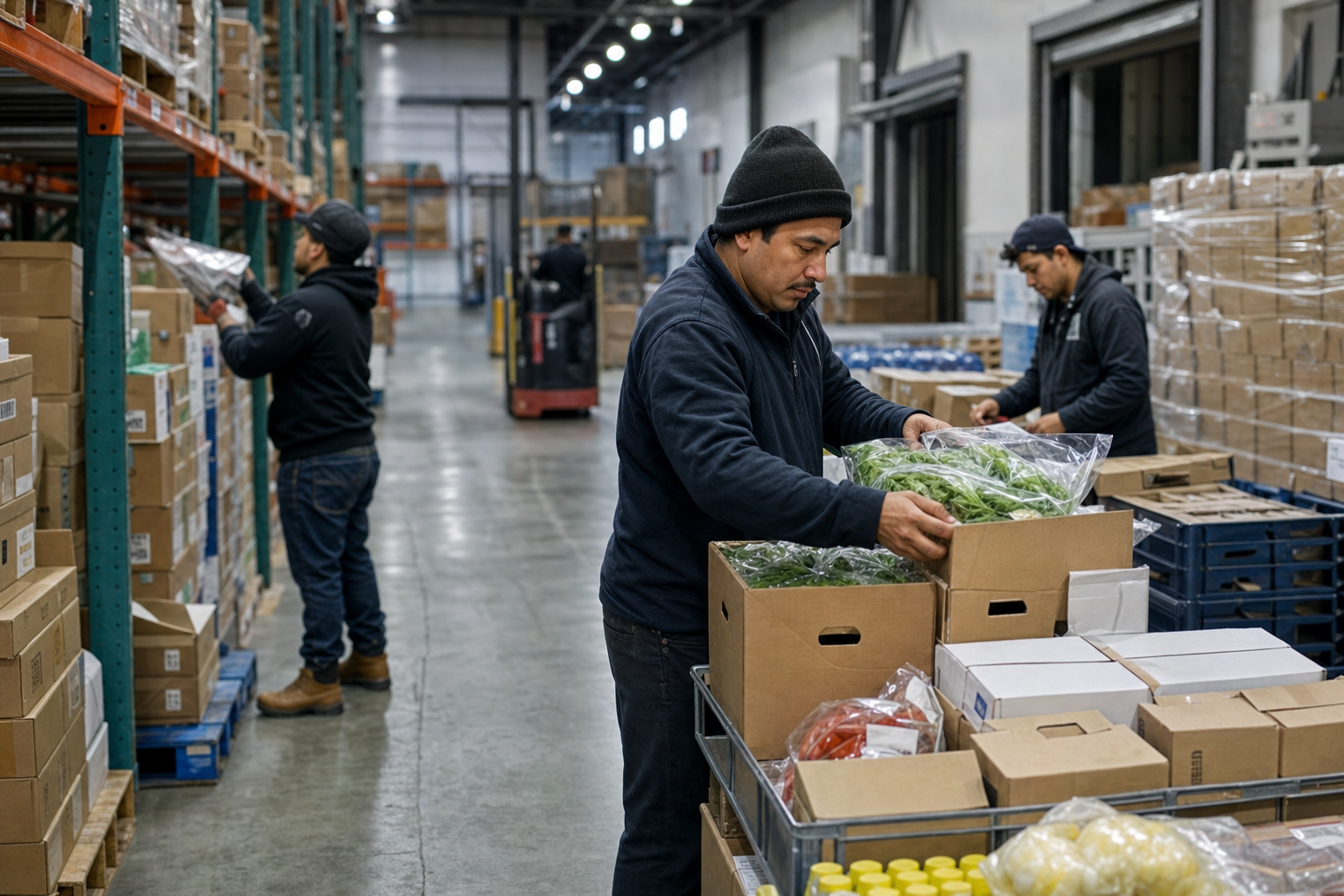 Food distribution warehouse team picking cases for restaurant account orders under FIFO lane discipline