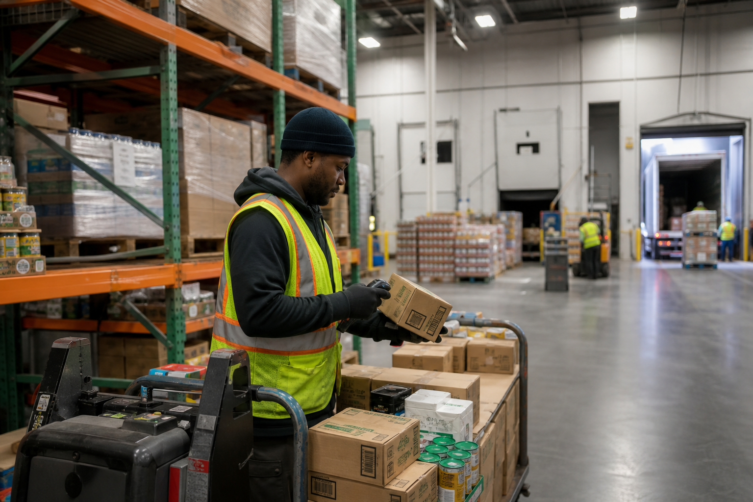 Food distribution center team executing wave pick and staging pallets for outbound truck loading
