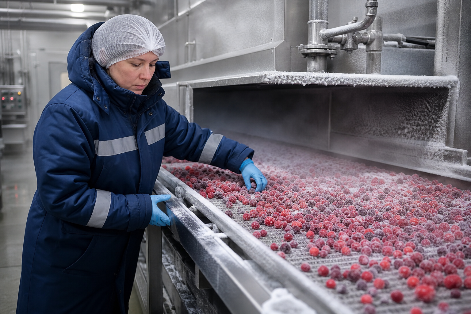 Frozen food manufacturing with blast freeze equipment, freezer staging racks, and QA staff verifying temperature records on the production line