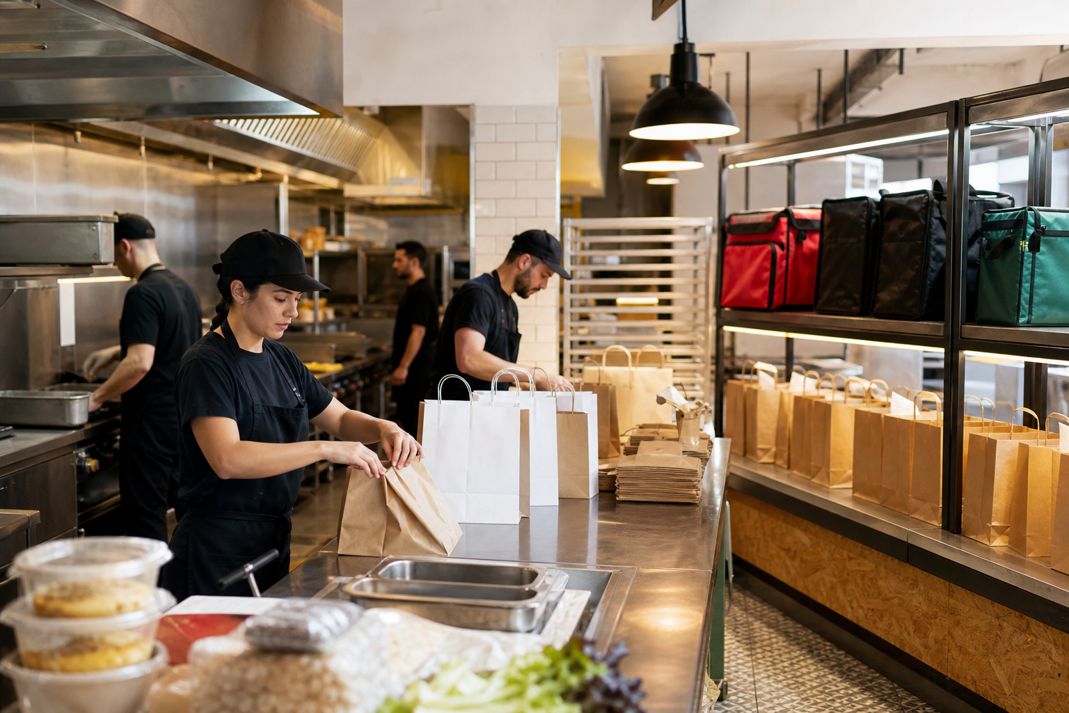 Commercial ghost kitchen with multiple branded packaging stations and delivery bags on expo shelves