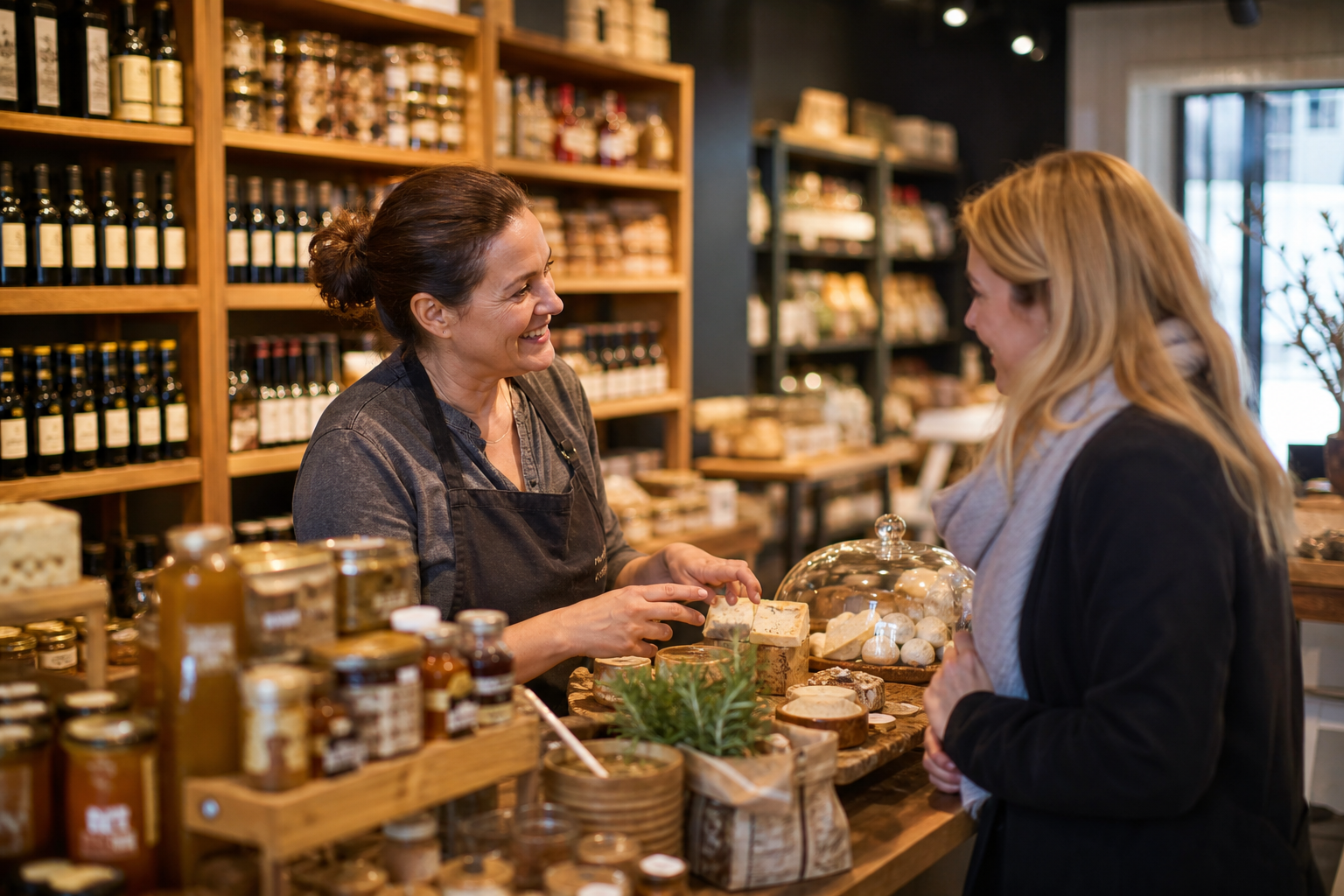Gourmet artisan retail shop with curated specialty shelves, premium case merchandising, vendor-labeled SKUs, and customer guidance at the counter