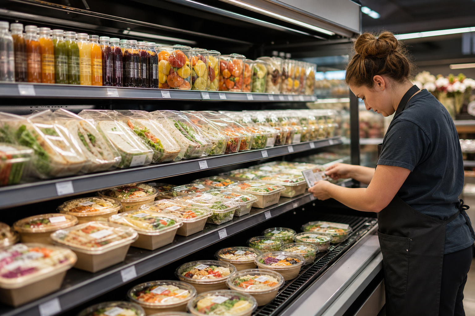 Self-service grab-and-go refrigerated case with packaged sandwiches, salads, and chilled meals labeled for shelf life and daypart replenishment