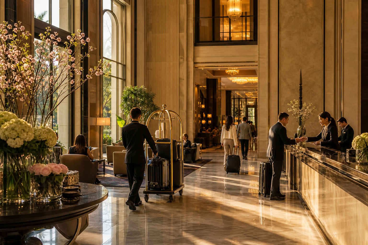 Luxury hotel lobby with front desk, concierge, and arriving guests in natural golden-hour light