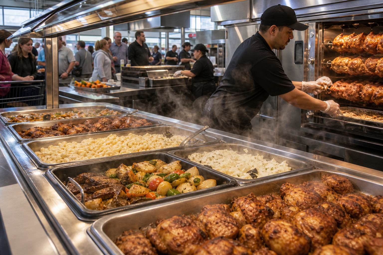 Supermarket hot bar and rotisserie case with steam tables, holding timers, batch replenishment, and labeled packaged hot items under time and temperature controls