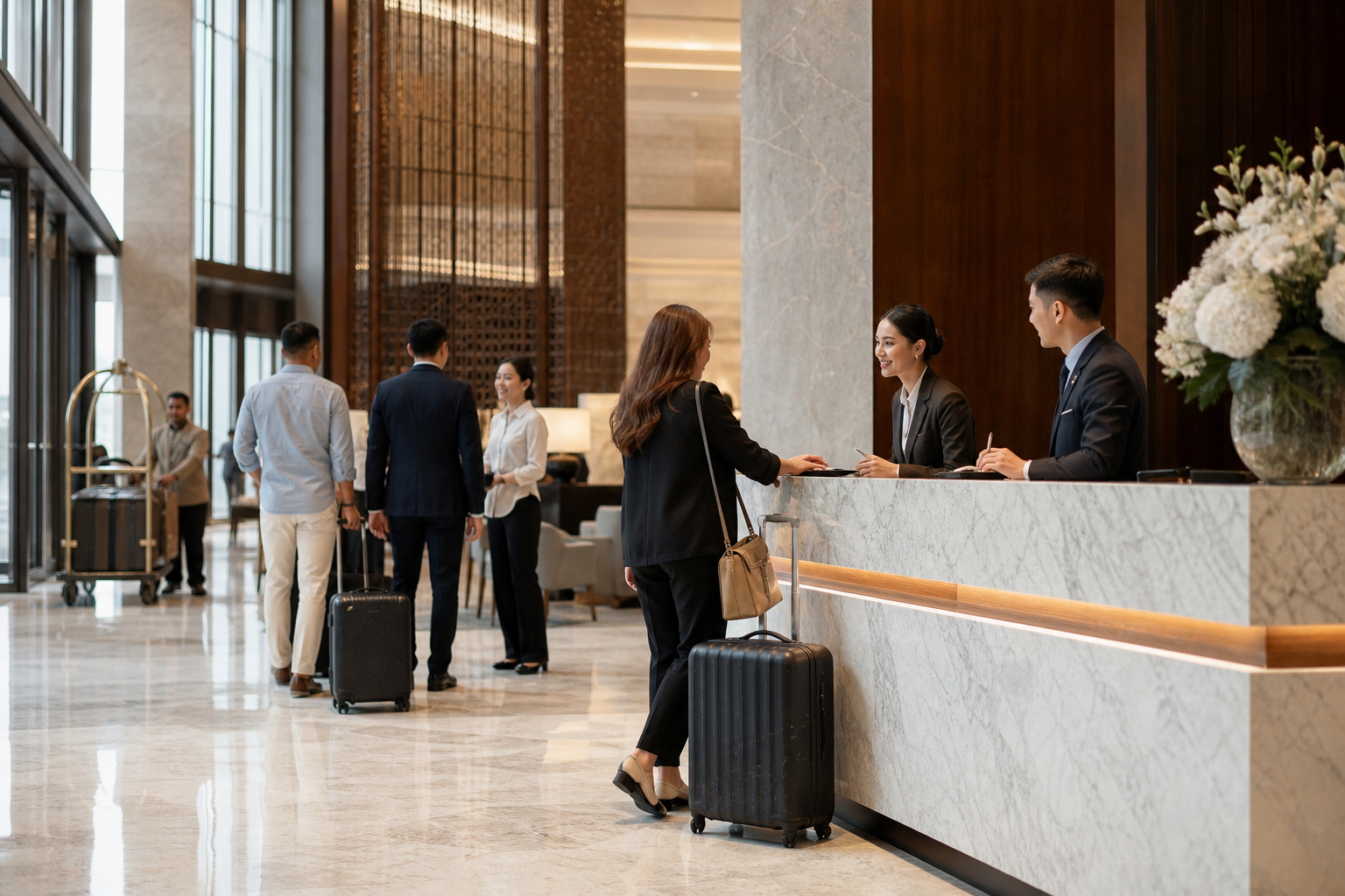 Hotel front desk team welcoming arriving guests in a luxury lobby with natural morning light