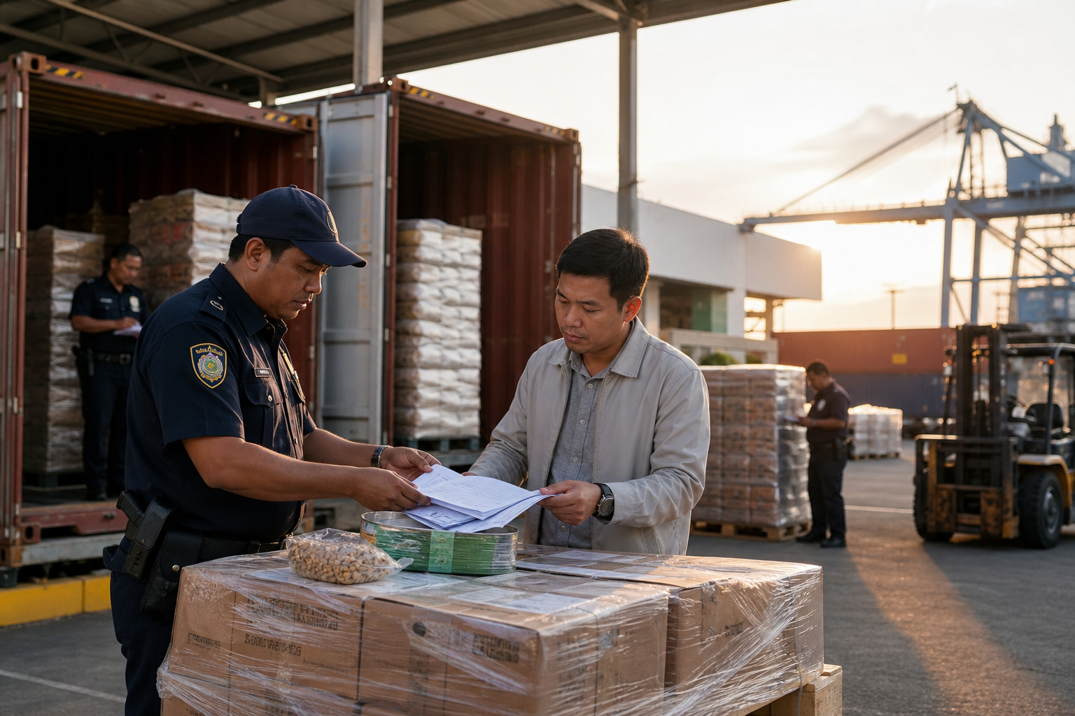Food import export operations with customs documentation, country of origin lot tracking, regulatory hold workflow, and international shipment release authorization