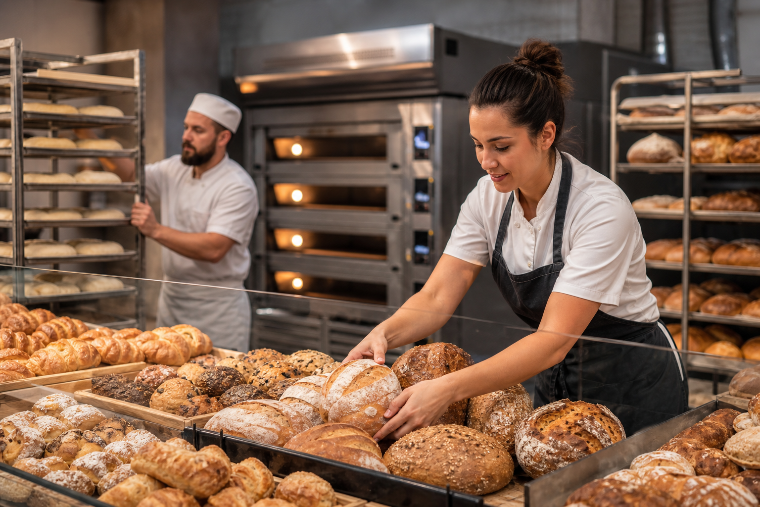 Supermarket in-store bakery with oven staging, proofing racks, display cases, and labeled packaged bread under bake schedule discipline
