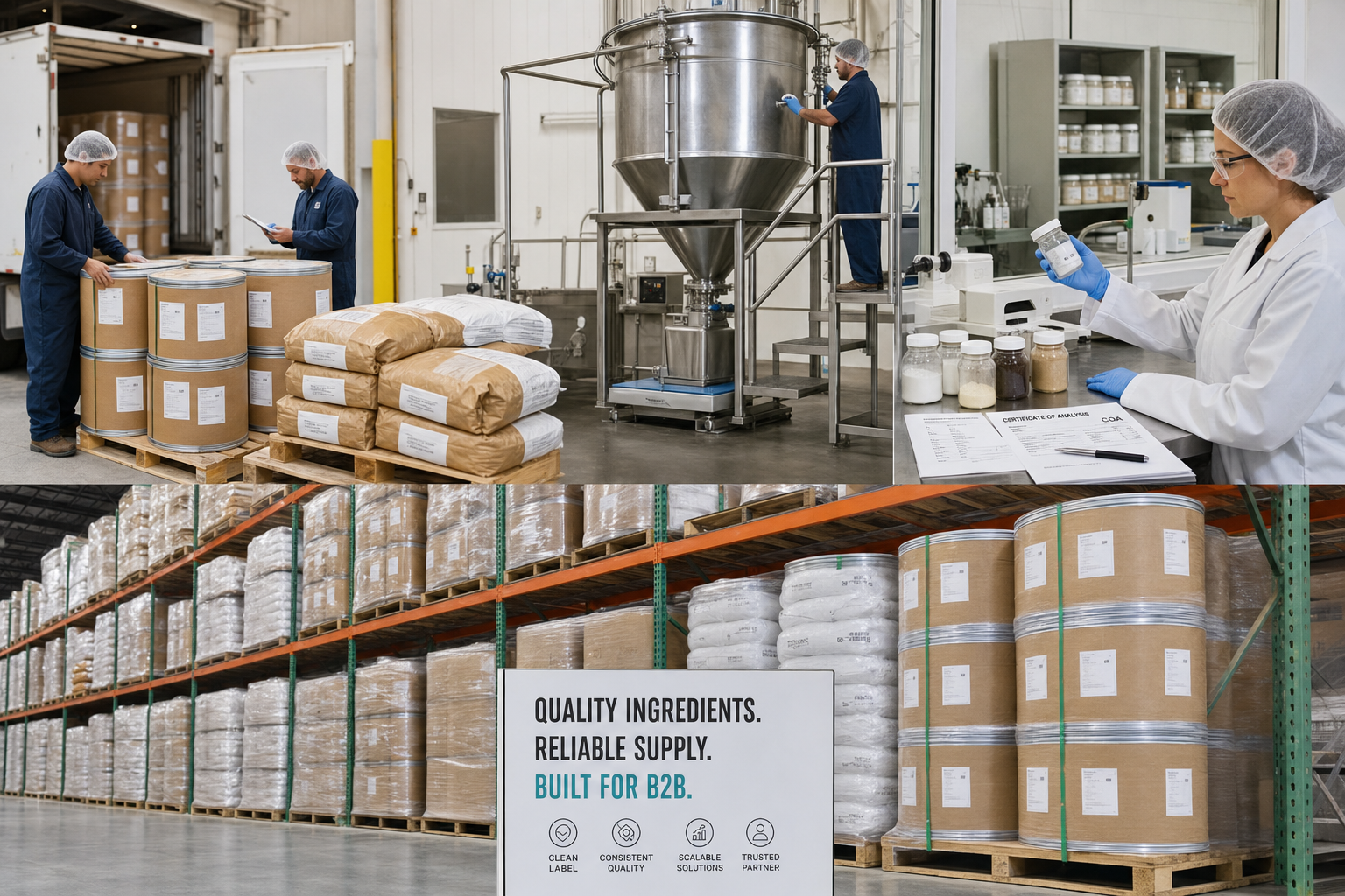 Ingredient manufacturing facility with bulk blending tanks, specification testing, COA documentation, and lot traceability for B2B downstream manufacturers