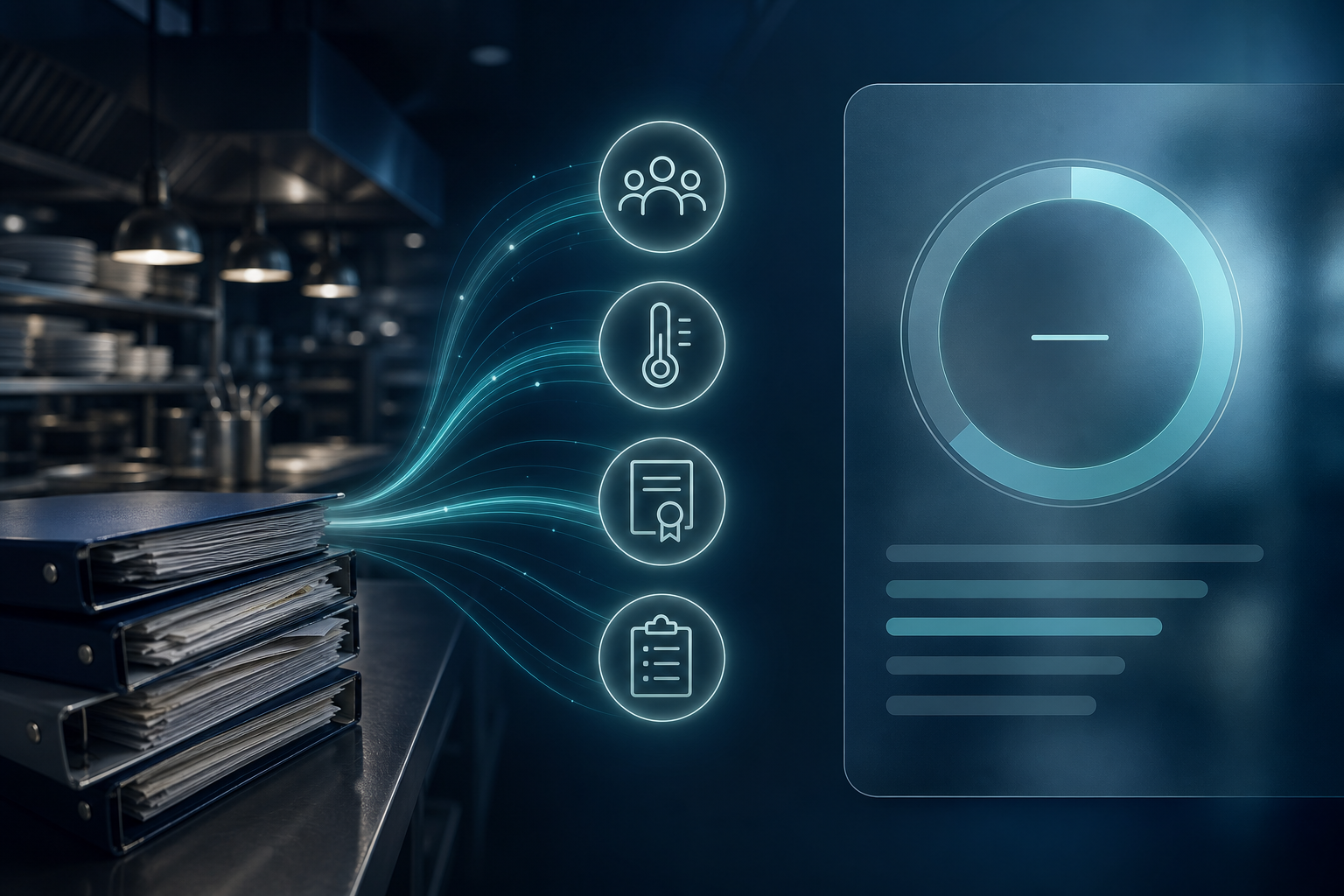 Conceptual illustration of continuous inspection readiness—paper records transforming into organized operational evidence. Illustrative only; not a live score or guaranteed inspection outcome.