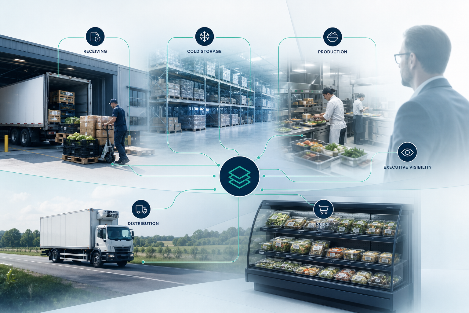 Conceptual illustration of food inventory flowing through receiving, storage, production, distribution, retail, and executive visibility on one platform. Illustrative only.