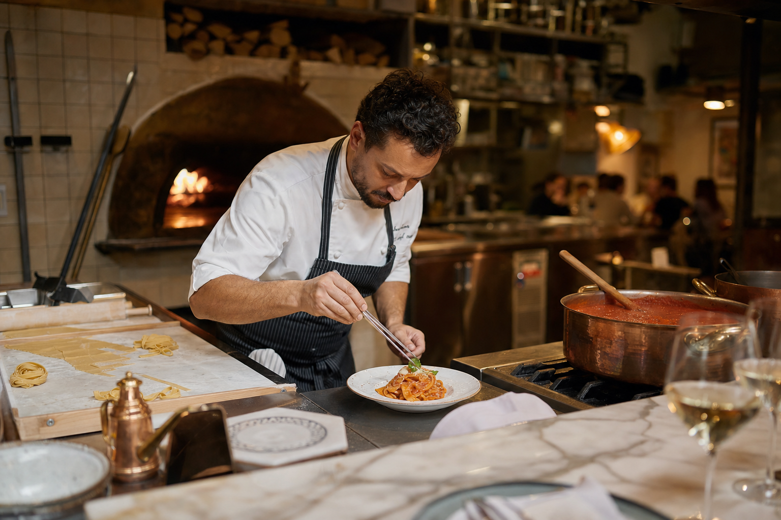 Executive chef plating fresh pasta in an Italian restaurant kitchen with simmering sauce, pasta station, and wine service visible