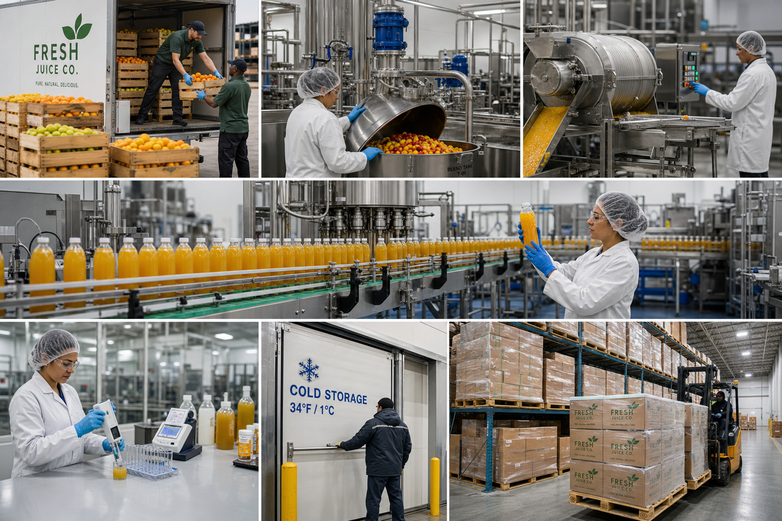 Juice and beverage bottling production facility with cold-press blend lines, fill and cap stations, Brix QC checks, refrigerated storage, and cold-chain release under food safety controls
