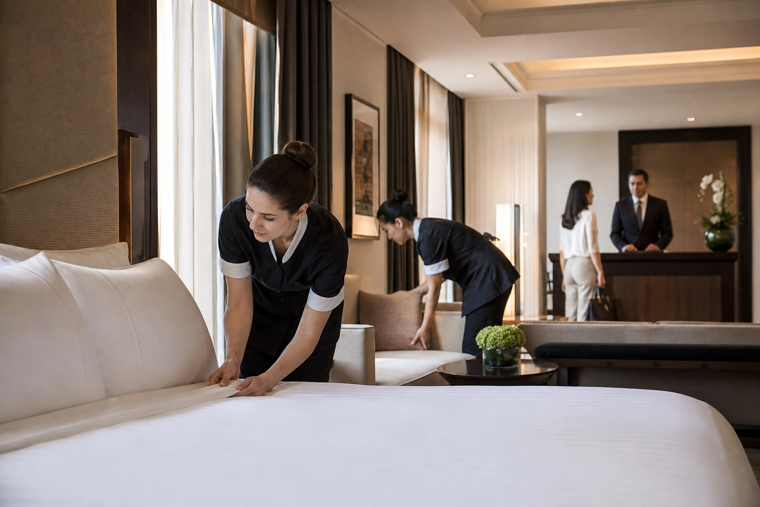 Luxury hotel suite preparation with housekeeping team and concierge desk in natural daylight